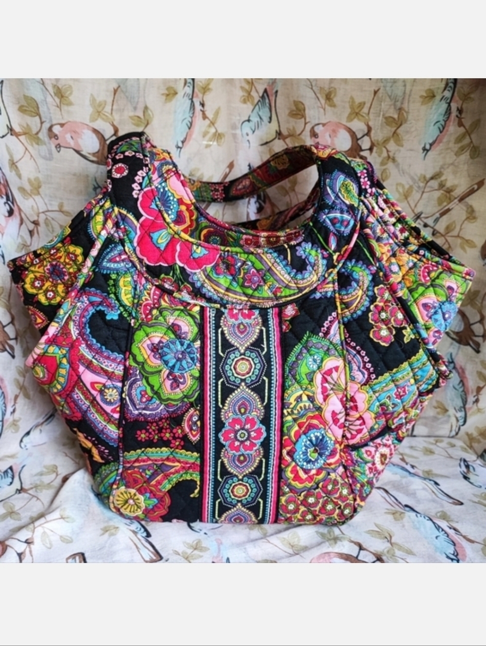 Vera Bradley Symphony Floral Quilted Zippered Tote Handbag Hobo Purse Black Pink